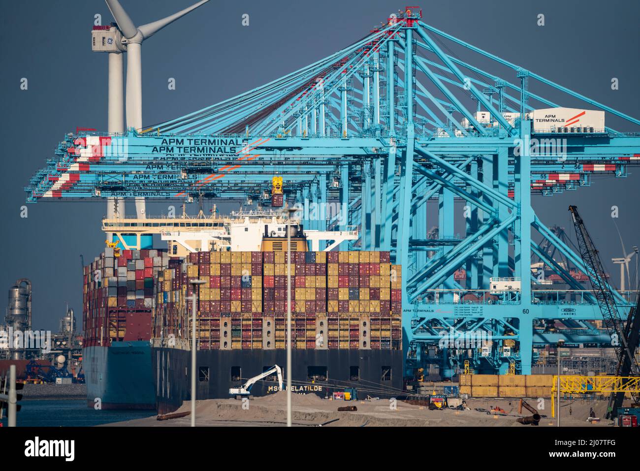 Il porto marittimo di Rotterdam, Paesi Bassi, il porto di mare profondo Maasvlakte 2, su un'area terrestre creata artificialmente al largo della costa originaria, APM Container Term Foto Stock