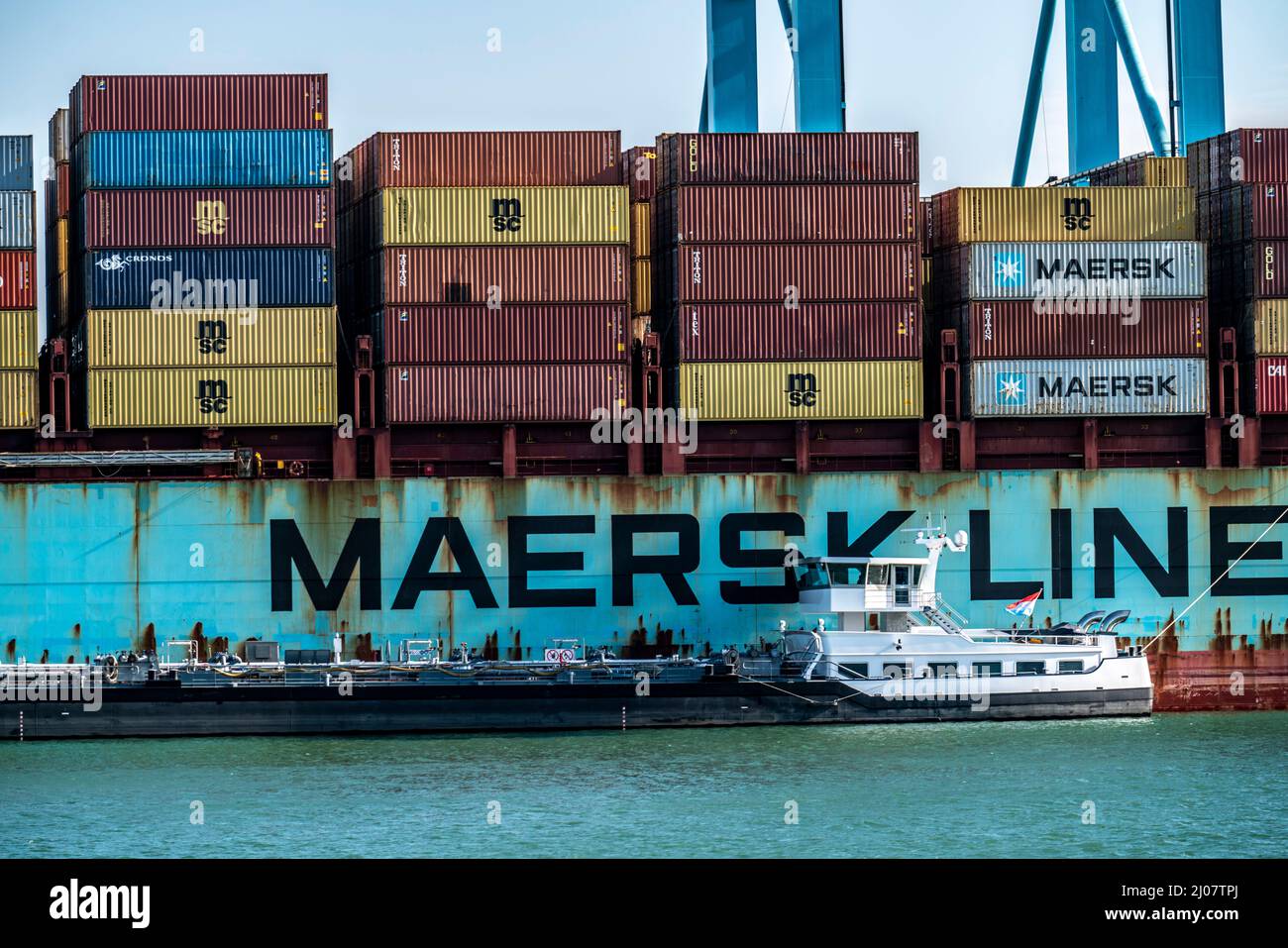 Porto marittimo di Rotterdam, Paesi Bassi, porto di mare profondo Maasvlakte 2, su una zona di terra artificiale al largo della costa originale, APM Container Terminal, containe Foto Stock