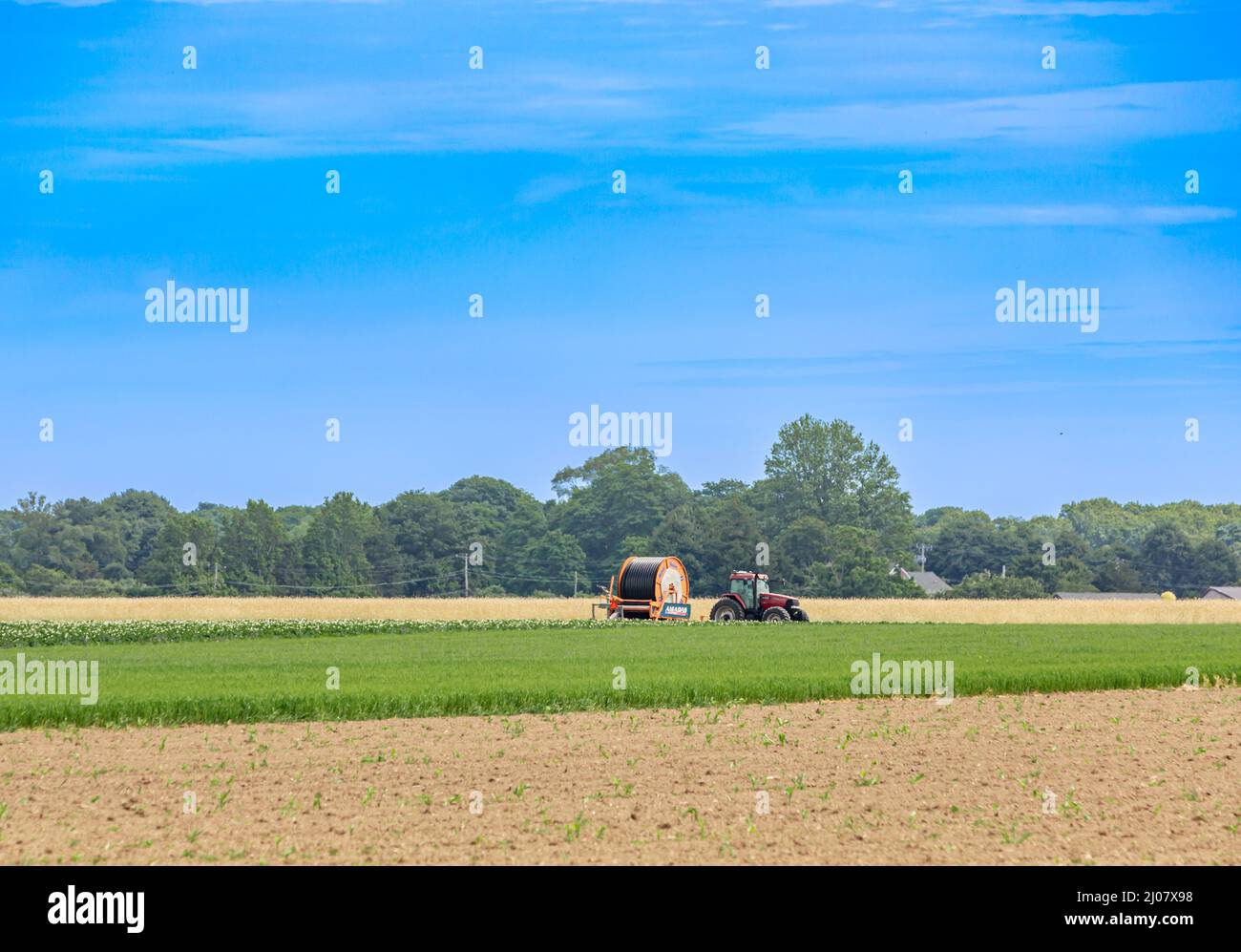 Grande trattore agricolo rosso parcheggiato in un campo a East Hampton, NY Foto Stock