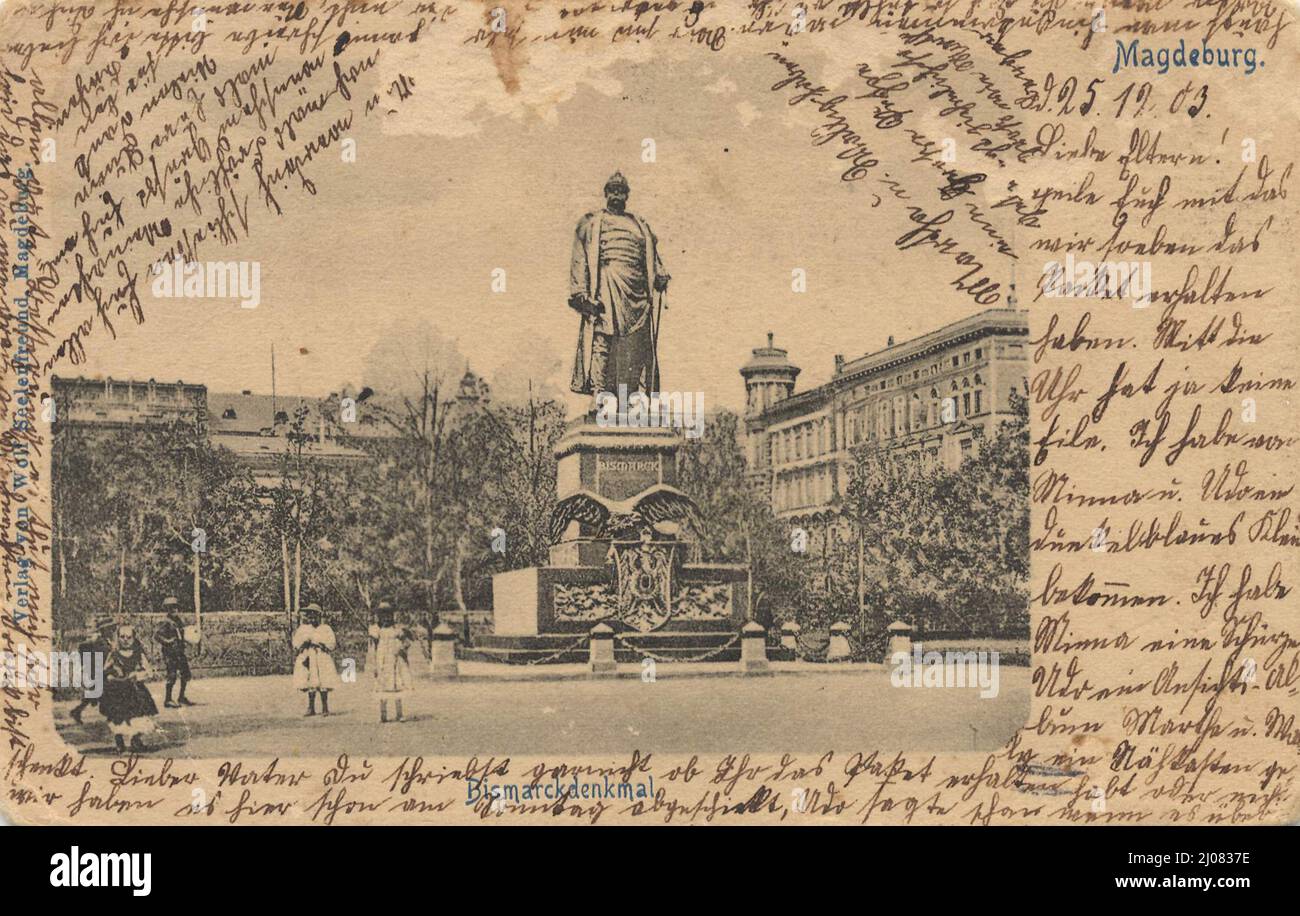 Bismarckdenkmal a Magdeburg, Sachsen-Anhalt, Deutschland, Ansicht um ca 1910, digitale Reproduktion einer historischen Postkarte, public domain, aus der damaligen Zeit, genaues Datum unbekannt Foto Stock