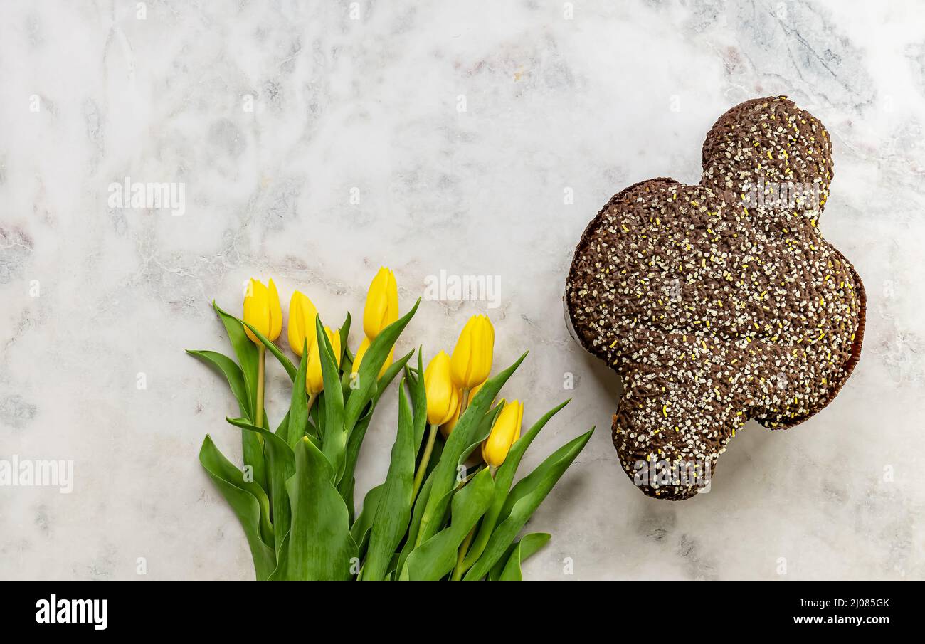 Tradizionale torta di Pasqua italiana con cioccolato, Colomba di Pasqua o Pasqua dove. Foto Stock