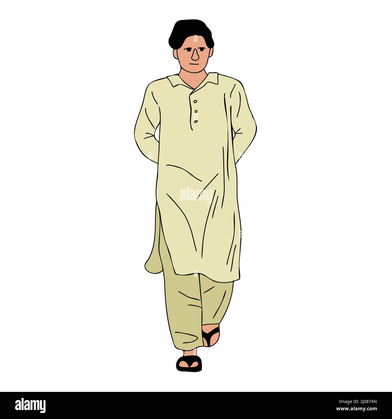 Giovane uomo pakistano con shalwar Kameez, kurta. Abbigliamento tradizionale dell'Asia del sud, muscalce maschio che cammina stoffa illustrazione vettoriale Illustrazione Vettoriale