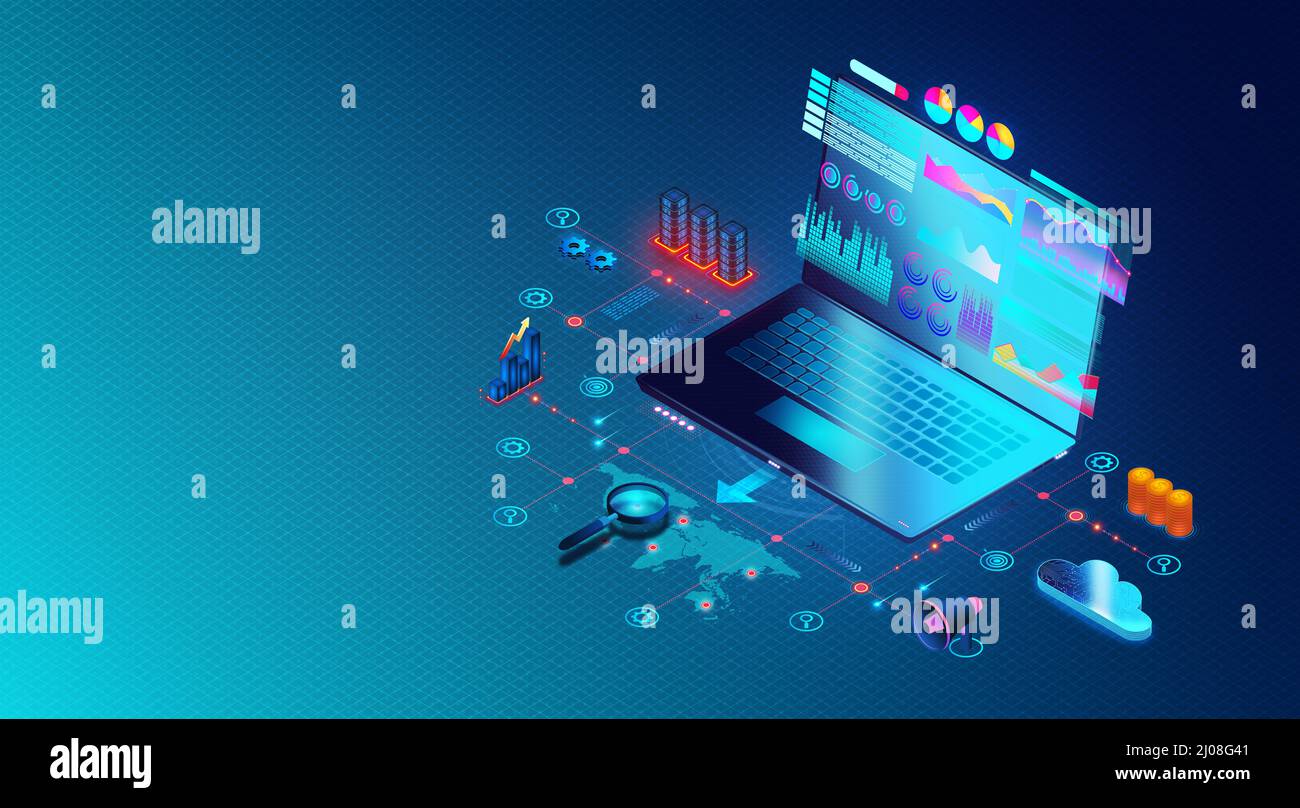 Concetto di Sales and Business Intelligence - Campagne di marketing e marketing programmatico - notebook circondato da simboli di vendita e marketing - 3D Illus Foto Stock