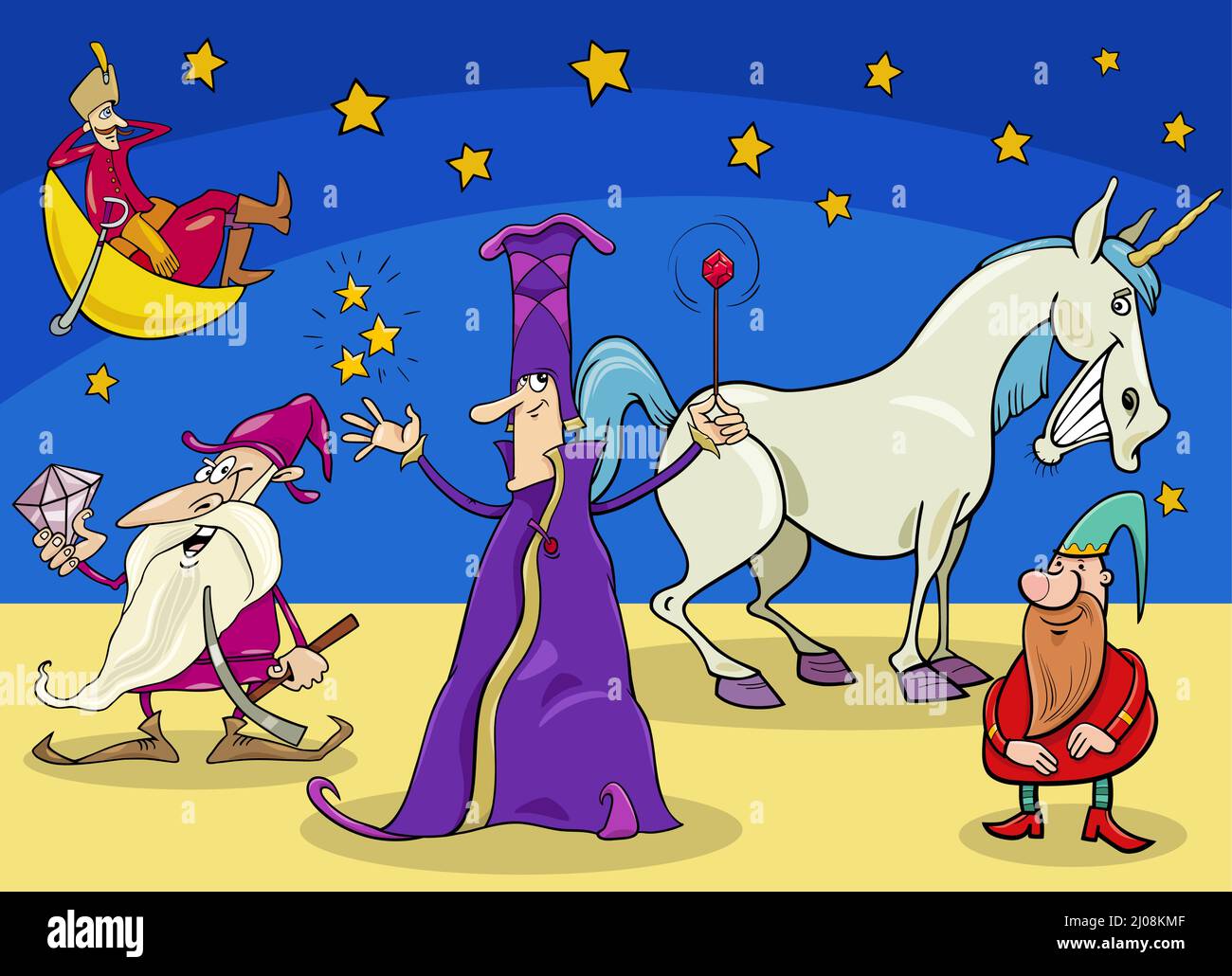 Illustrazione di cartoni animati di wizard e nani fantasy o fairy gruppo di  personaggi fiaba Immagine e Vettoriale - Alamy