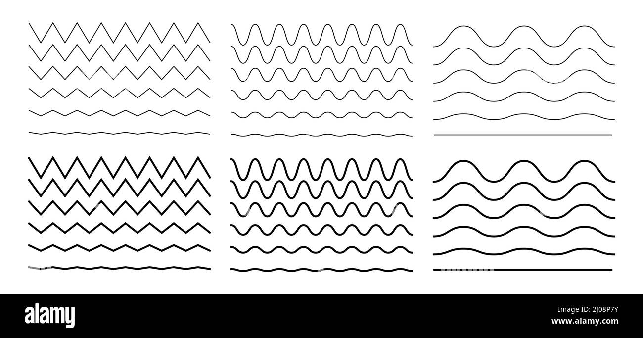 Linea curvilinea e a zig-zag. Forma d'onda a linea sottile diversa Illustrazione Vettoriale