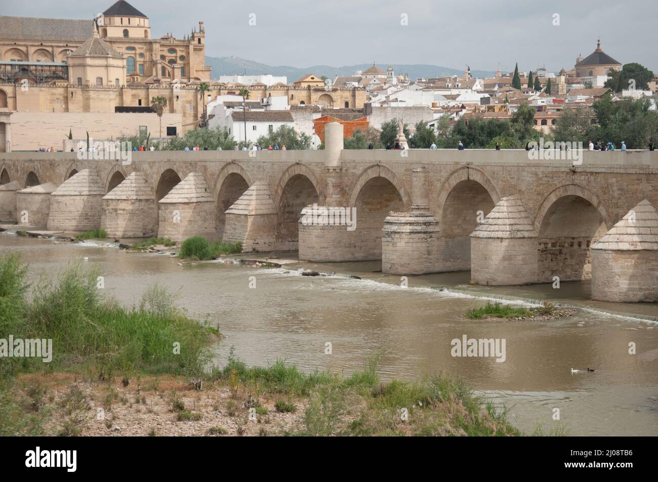 Il Ponte Romano sul Fiume Guadalquivir e la Moschea-Cattedrale di Cordova, Cordoba, Provincia di Cordova, Andalusia, Spagna Foto Stock