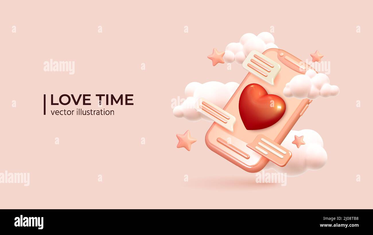 Smartphone carino con fumetti vocali icone e cuore rosso - Virtual Love Concept. Realistiche 3D di corrispondenza romantica. Sfondo delle vacanze. Illustrazione vettoriale Illustrazione Vettoriale