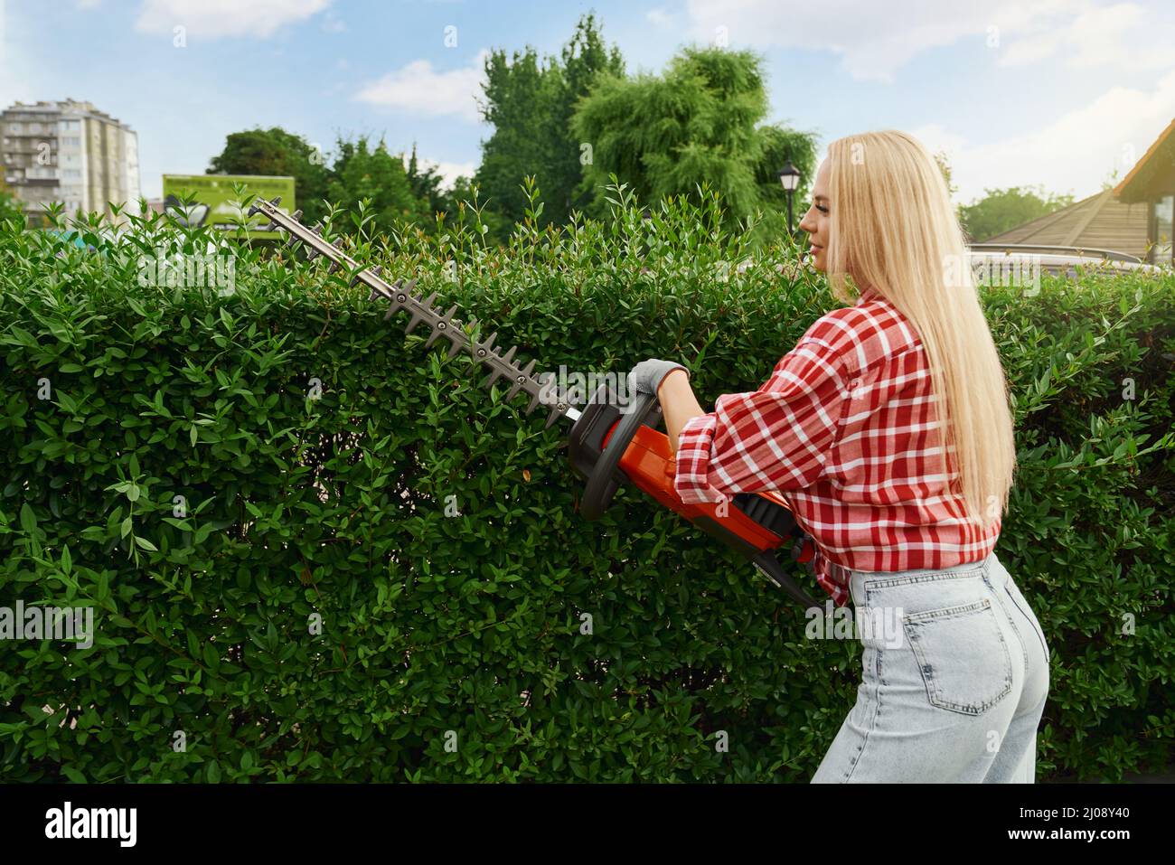 Vista laterale di attraente donna caucasica in casual indossare potatura siepe con moderno strumento di giardinaggio. Piacevole femmina con capelli biondi godendo il processo di lavoro in giardino. Foto Stock