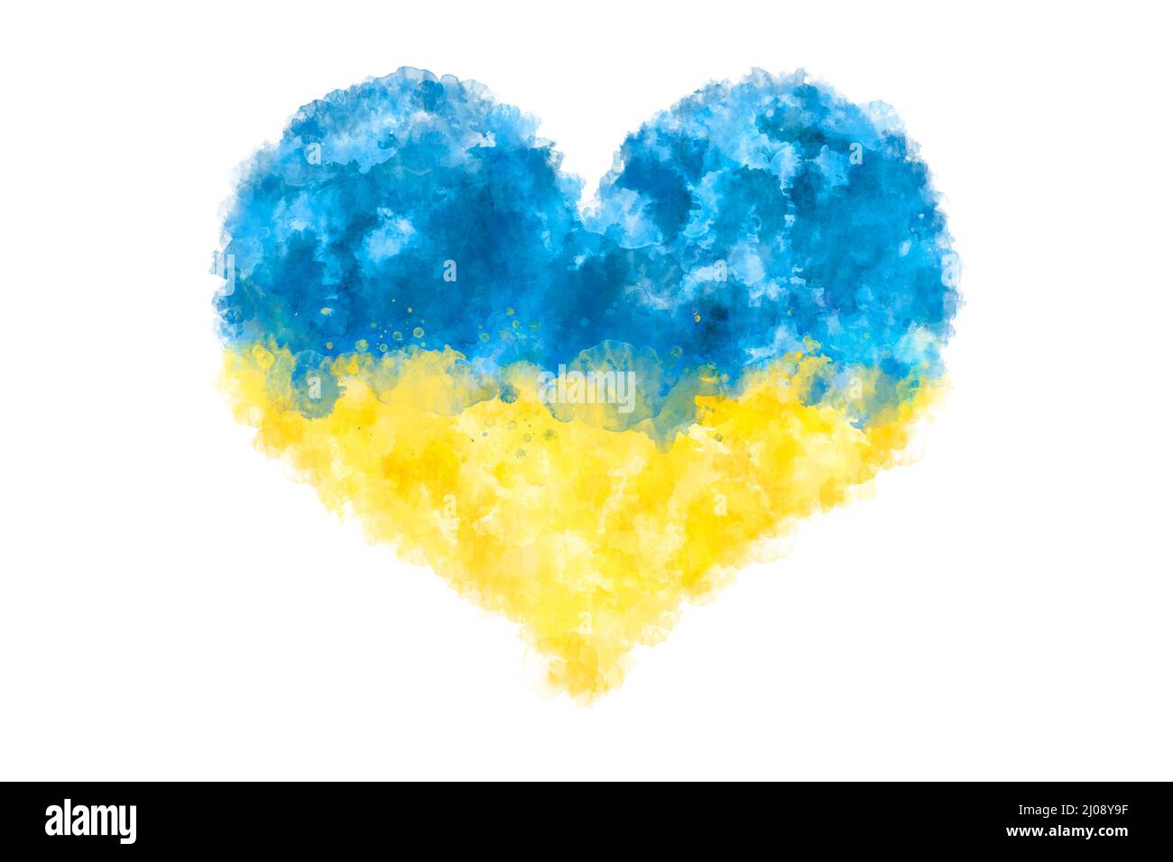 Cuore forma acquerello pittura astratto spruzzi segno in ucraino bandiera colori blu e giallo. Isolato su bianco. Foto Stock