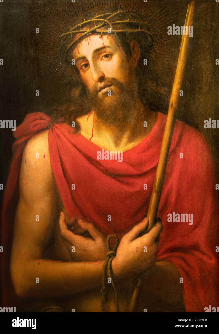 VALENCIA, SPAGNA - 14 FEBBRAIO 2022: Il dipinto ha torturato Gesù - 'Ecce Homo' nella Cattedrale - Basilica dell'Assunzione di nostra Signora Foto Stock