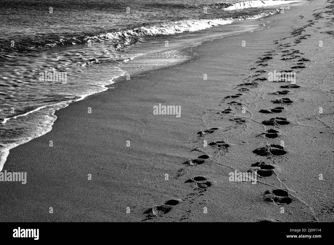 Impronte sulla spiaggia. Un'impronta di piedi umani sulla sabbia vicino al mare. Foto Stock