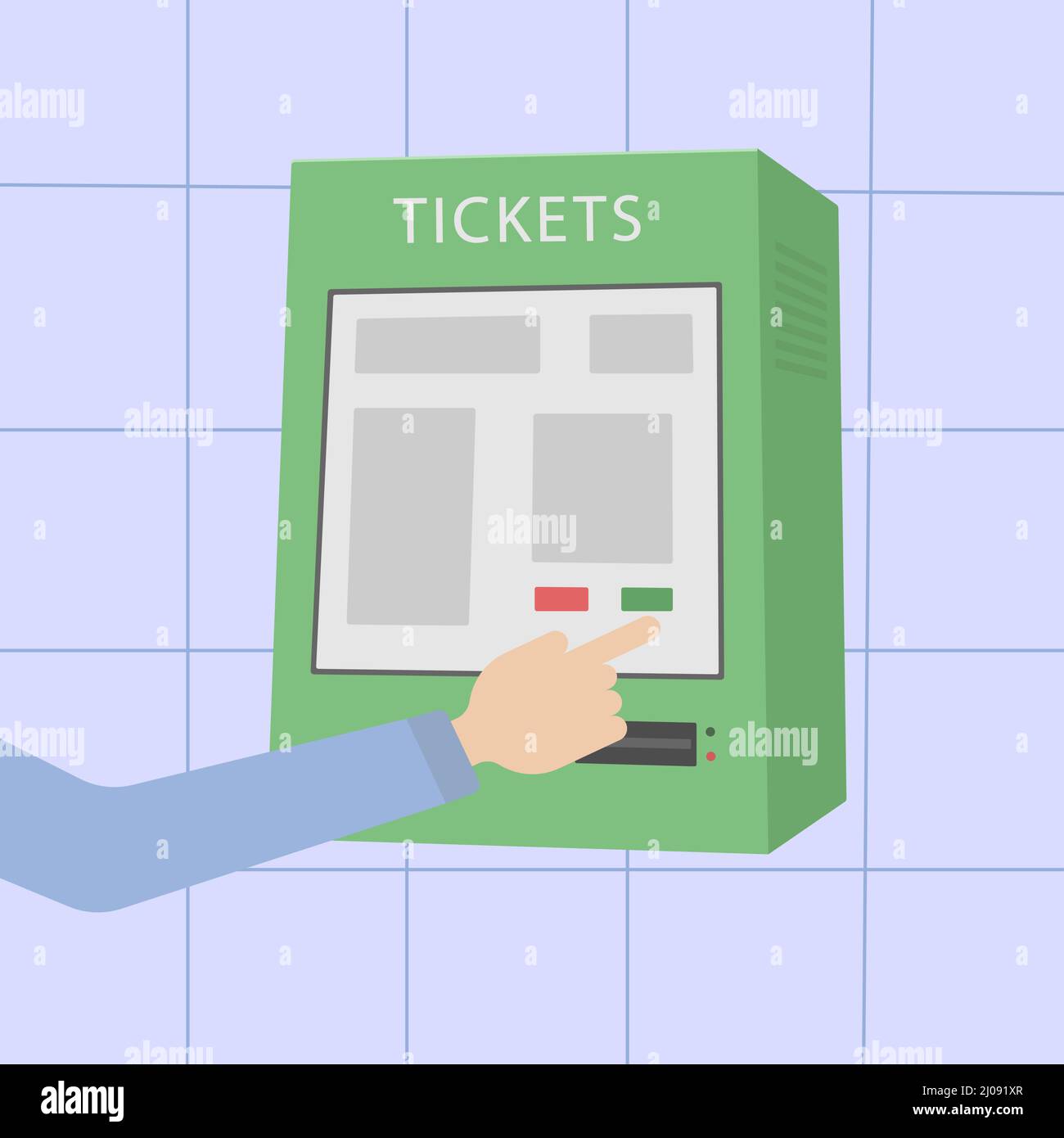 Distributore automatico di biglietti a parete e una persona sta acquistando un biglietto Illustrazione Vettoriale