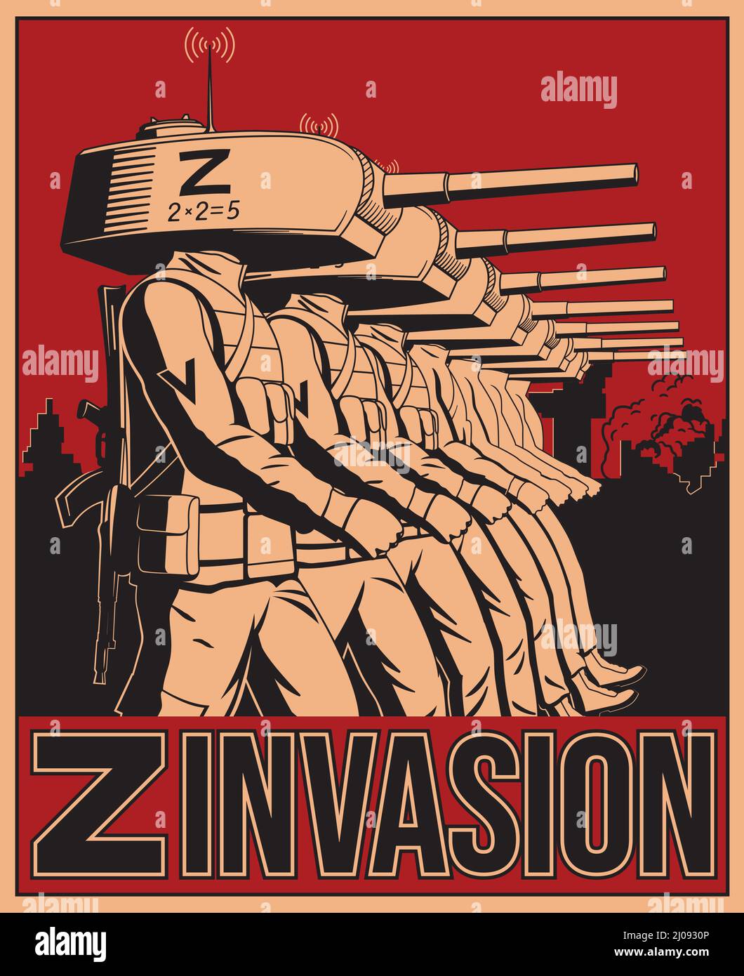 Invasione russa dell'Ucraina. Soldati con torrette cisterna invece di teste. Invasione Z. Stampa di illustrazioni vettoriali. Illustrazione Vettoriale