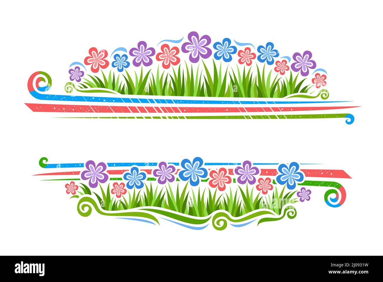 Bordo vettoriale per fiori selvatici con copyspace per testo, voucher orizzontale con illustrazione di crisantemi semplici, cartoon gerber fiori su erba Illustrazione Vettoriale