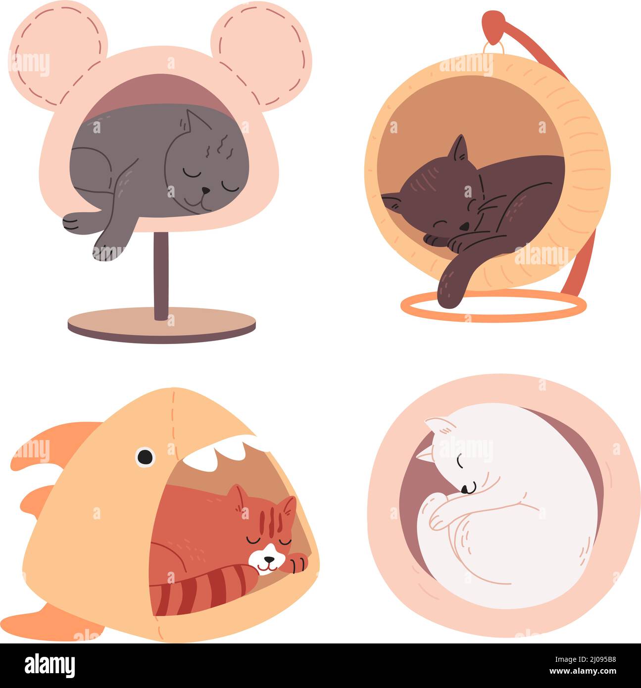 Gatti simpatici multicolore di razze diverse dormono nelle case dei gatti. Cuccioli stanchi si trovano nei letti per animali domestici. Divertenti animali disegnati in stile piatto. Illustrazione vettoriale a colori, set di noodle isolato su bianco Illustrazione Vettoriale