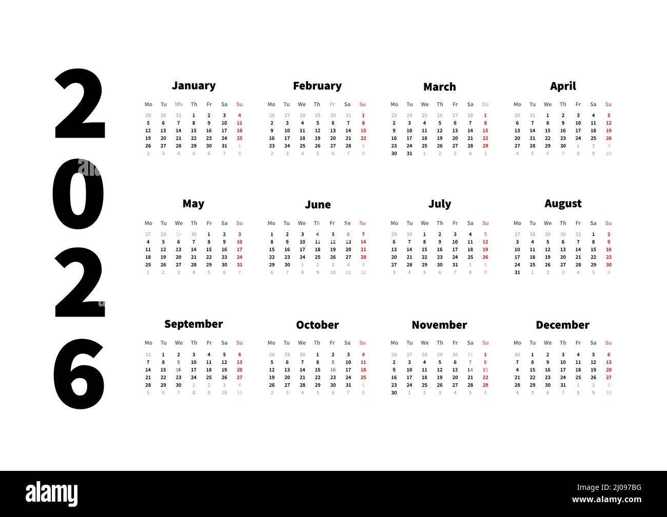 2026 anni semplice calendario orizzontale in inglese, calendario tipografico isolato su bianco Illustrazione Vettoriale