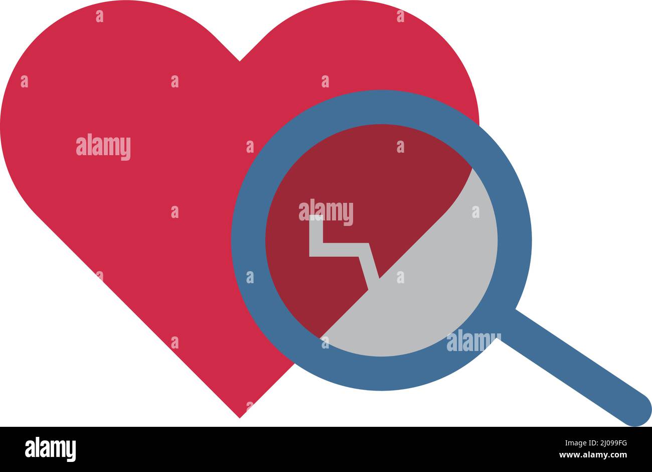 Controllo della salute mentale. Simbolo del cuore incrinato e lente d'ingrandimento. Vettore modificabile. Illustrazione Vettoriale