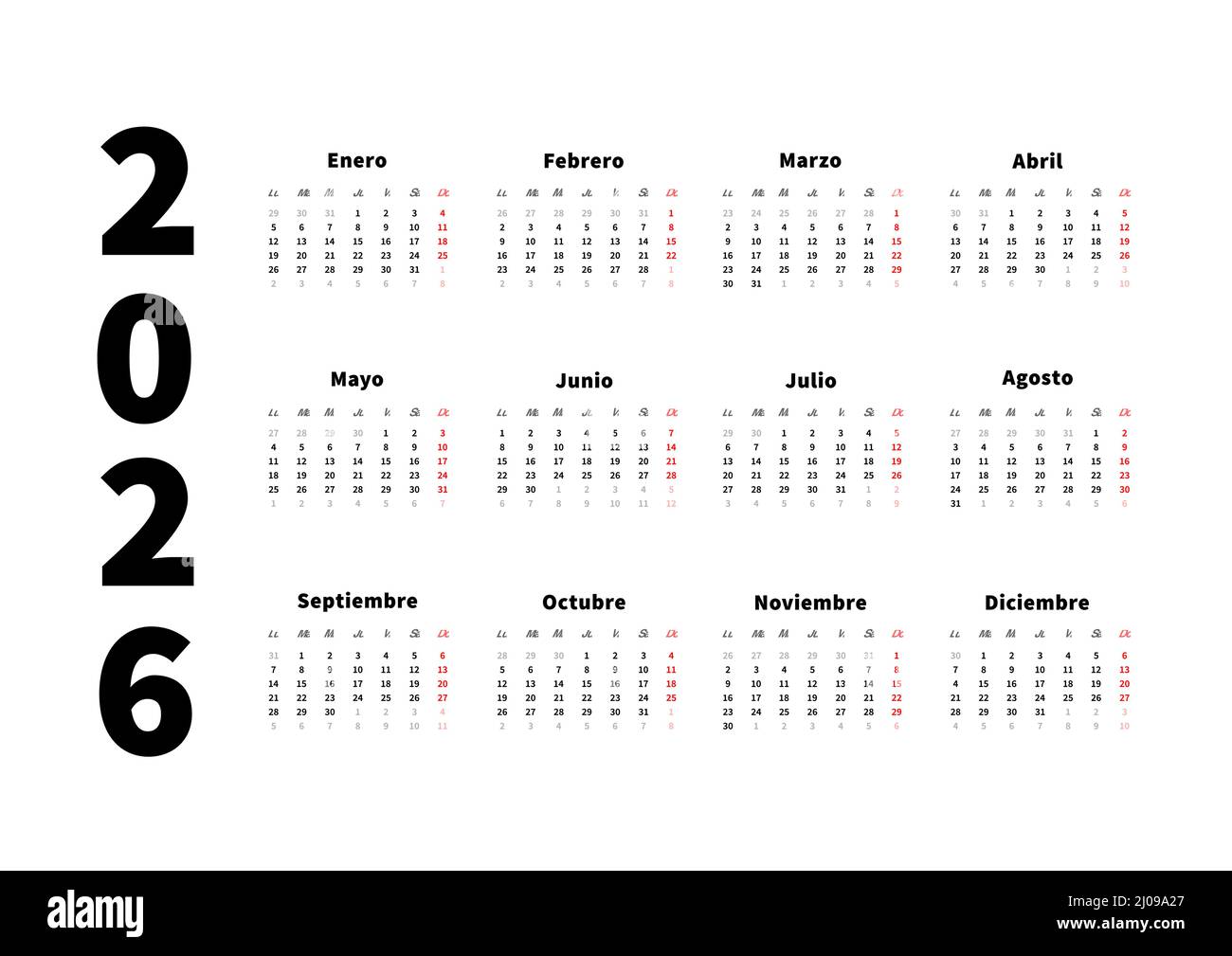 2026 anni semplice calendario orizzontale in spagnolo, calendario tipografico isolato su bianco Illustrazione Vettoriale