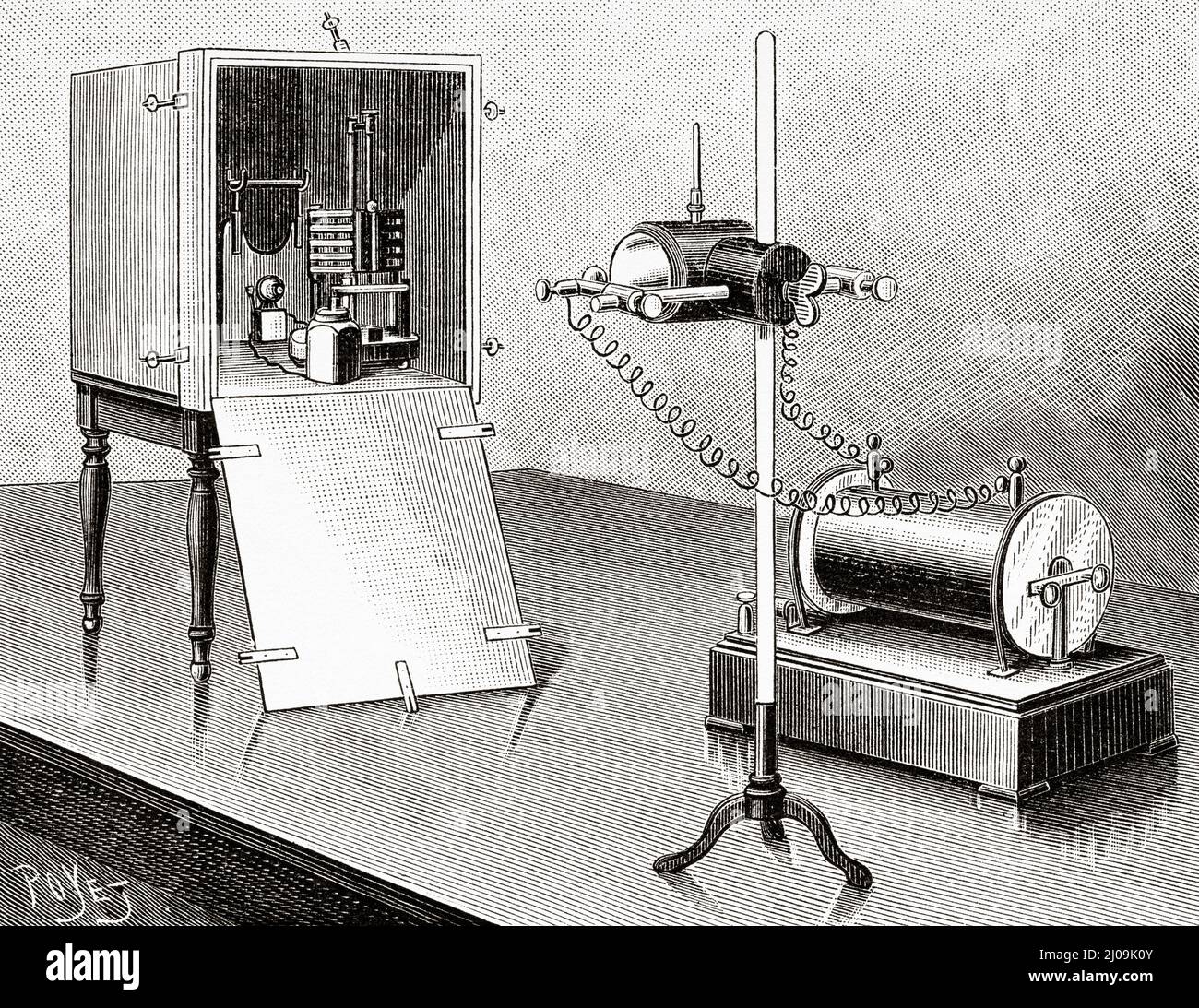 Dispositivo per studiare l'opacità dei corpi alle onde di Hertzian. Vecchia illustrazione incisa del 19th secolo da la Nature 1899 Foto Stock