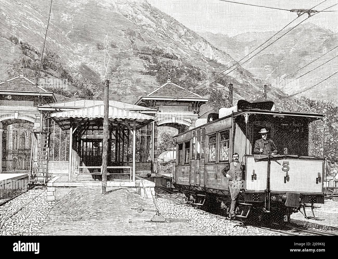 Ferrovia elettrica da Pierrefitte a Cauterets. Stazione di Cauterets, Hautes Pyrenees, Francia, Europa. Vecchia illustrazione incisa del 19th secolo da la Nature 1899 Foto Stock