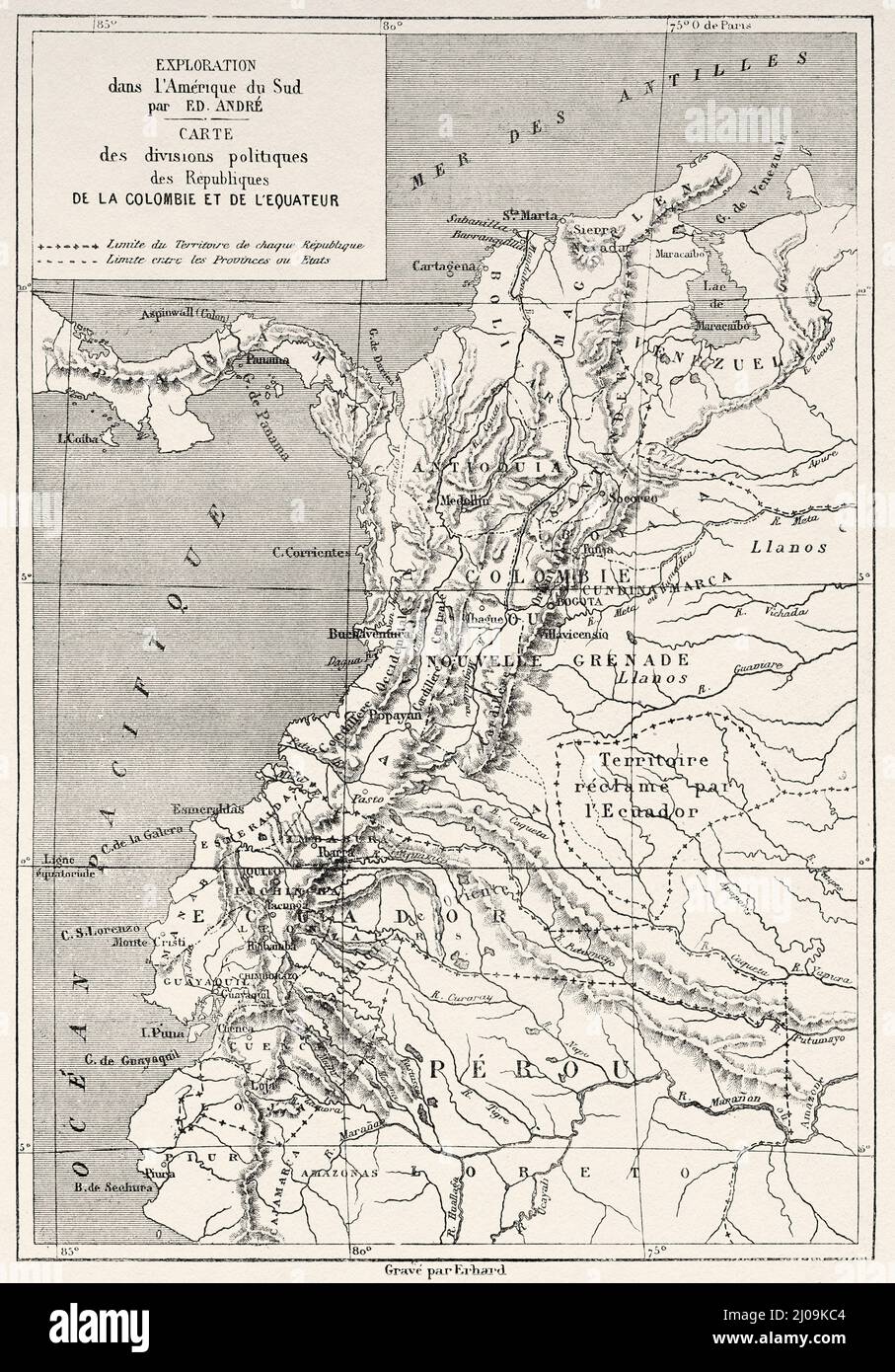 Esplorazione in Sud america di Edward Andre, mappa delle divisioni politiche delle repubbliche di Colombia e Ecuador. Sud America. Vecchio 19th secolo inciso illustrazione da viaggio in Colombia da Edward Francois Andre, le Tour du Monde 1877 Foto Stock