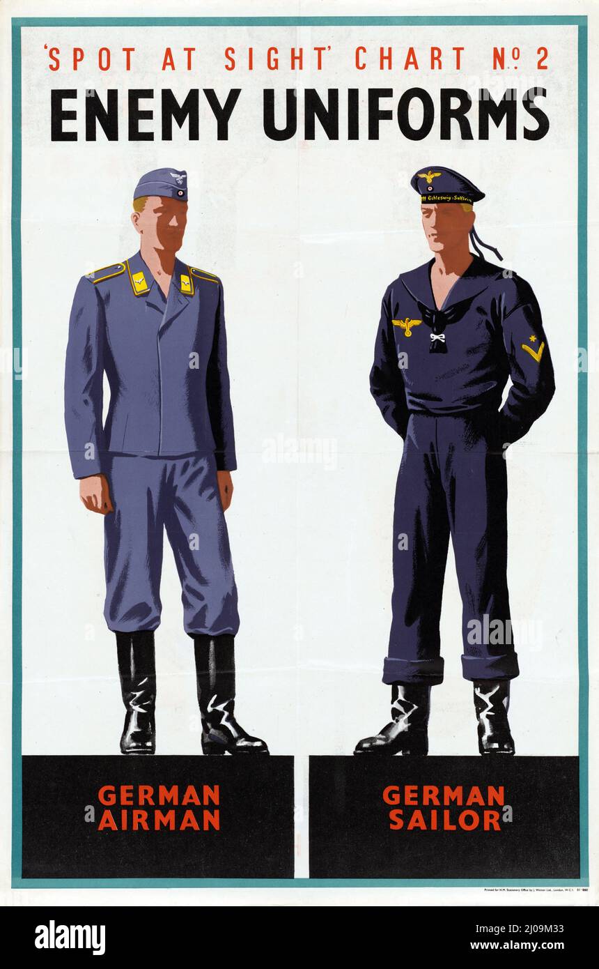 WWII Spot at Sight Chart -2 - Enemy Uniforms German Airman and German Sailor Poster London 1941 Foto Stock