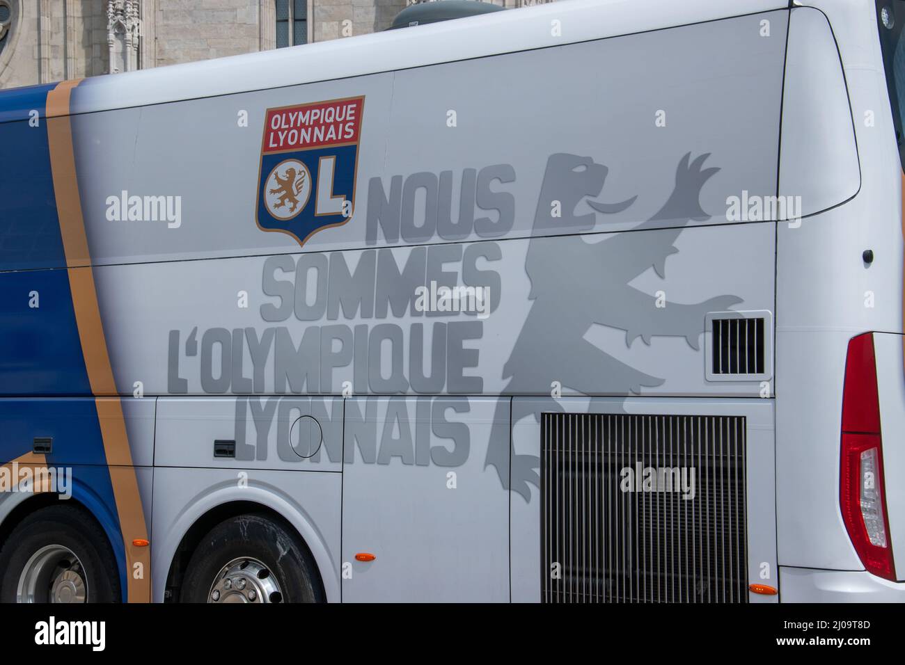 Team Bus per l'Olympique Lyonnais, Lione o OL, club calcistico francese mentre si trova a Budapest, Ungheria, 17 maggio 2019. Foto Stock
