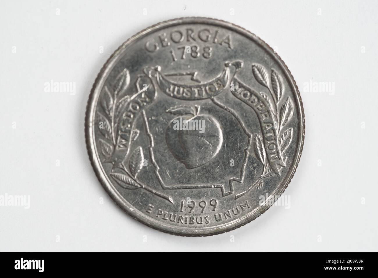 Una moneta da un quarto di dollaro (25 centesimi) con l'immagine della Georgia (lo stato di Peach), USA. Foto Stock