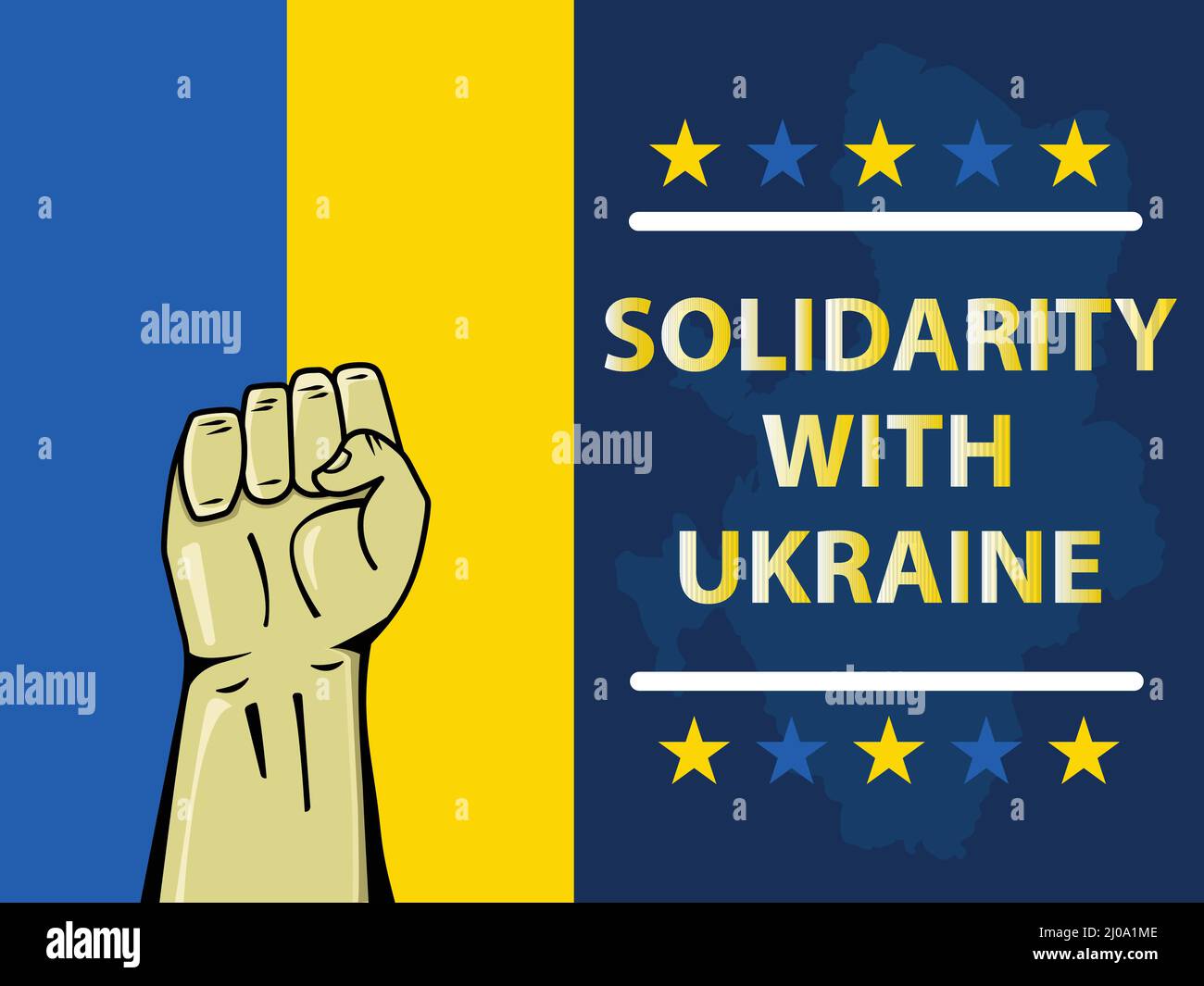 Banner design per la solidarietà con l'Ucraina, con colori blu e giallo e un pugno. La mappa Ucraina sullo sfondo. La bandiera è verticale. Illustrazione Vettoriale
