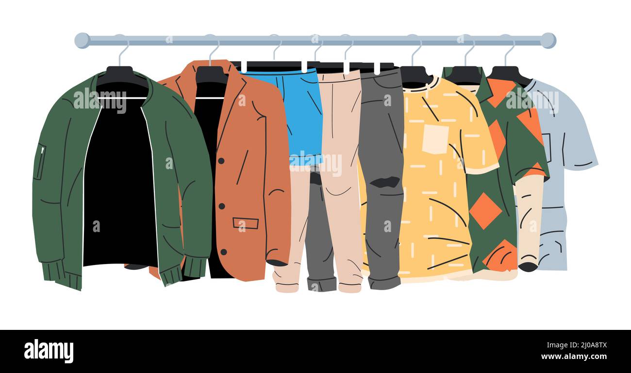 Abbigliamento uomo e donna su Hanger. Illustrazione Vettoriale