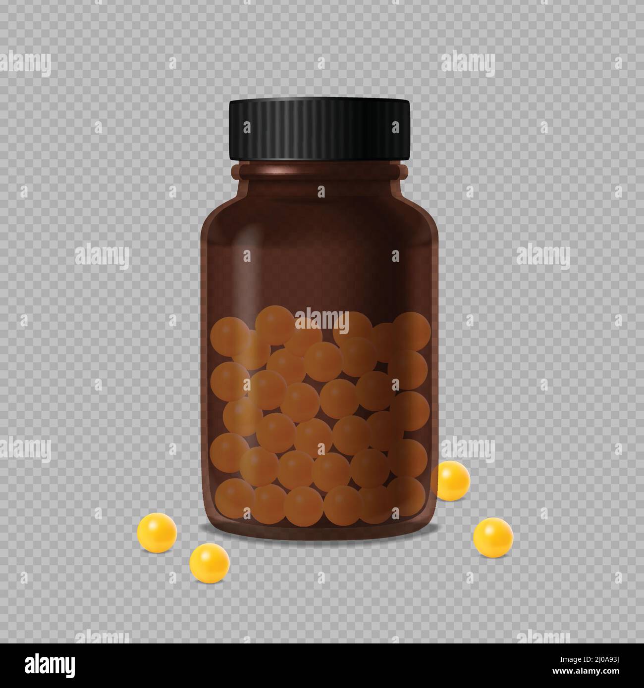 Flacone di vetro medico marrone chiuso e draga di vitamina gialla sparsa su sfondo trasparente illustrazione vettoriale realistica Illustrazione Vettoriale