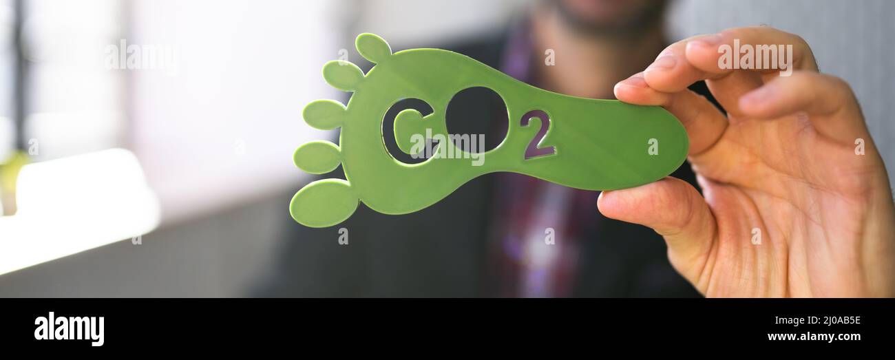Cartello con la stampa del biossido di carbonio. CO2 riduzione. Ambiente ecologico Foto Stock