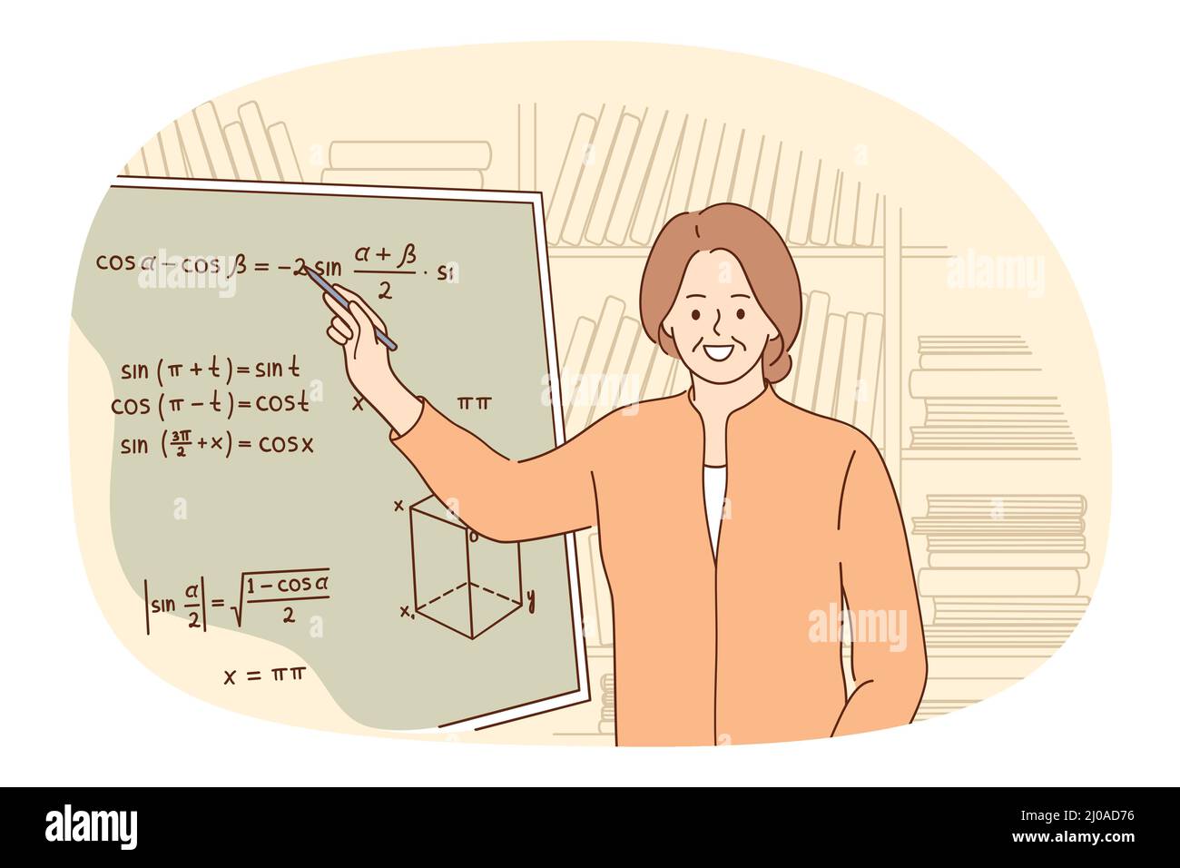 Sorridente insegnante di livello superiore stand vicino bordo spiegare matematica a studenti o studenti. Una donna matura e felice tutor ha una classe di matematica a scuola o al college. Istruzione e apprendimento. Illustrazione vettoriale. Illustrazione Vettoriale