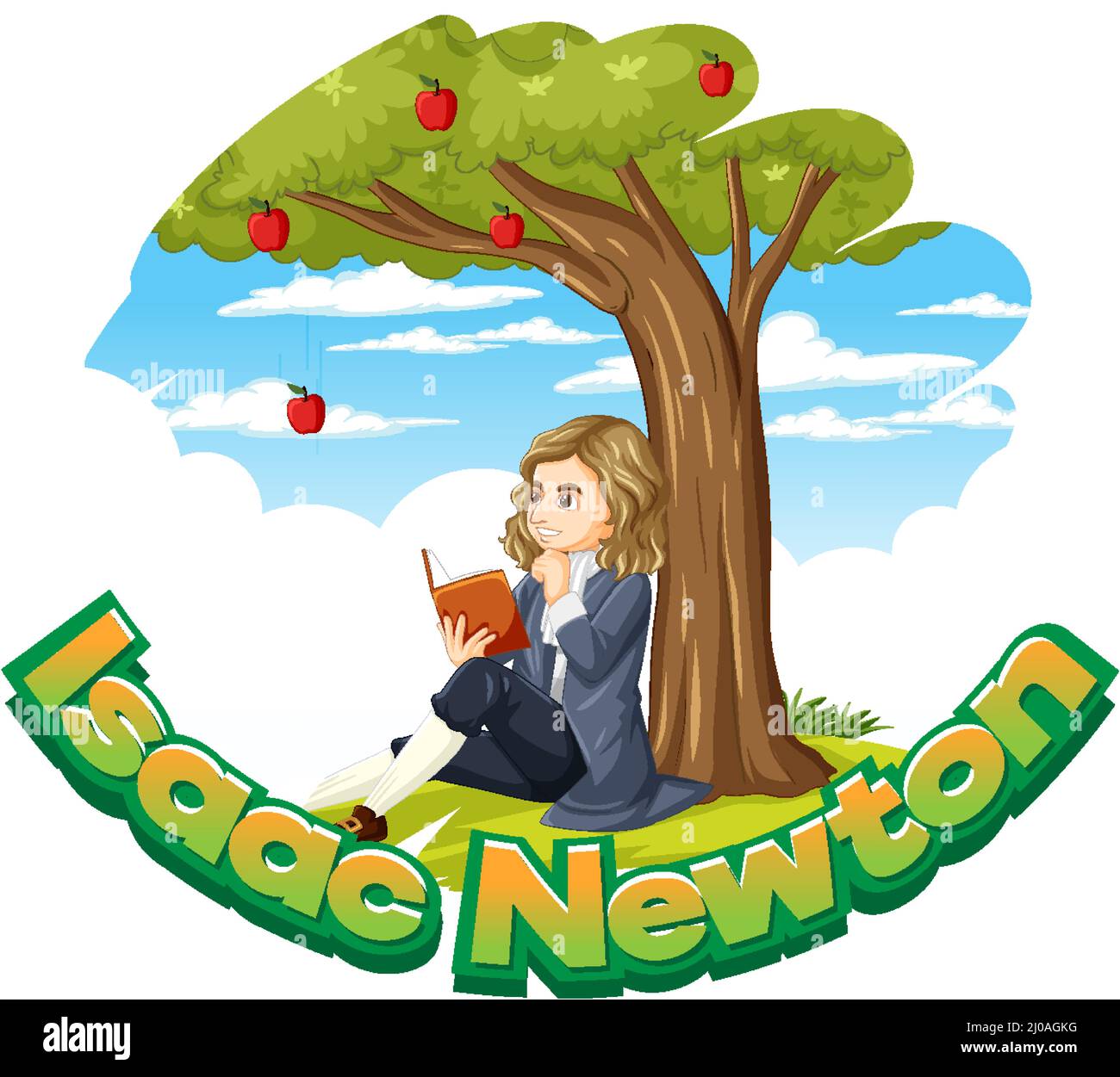 Isaac Newton seduto sotto l'illustrazione dell'albero della mela Illustrazione Vettoriale