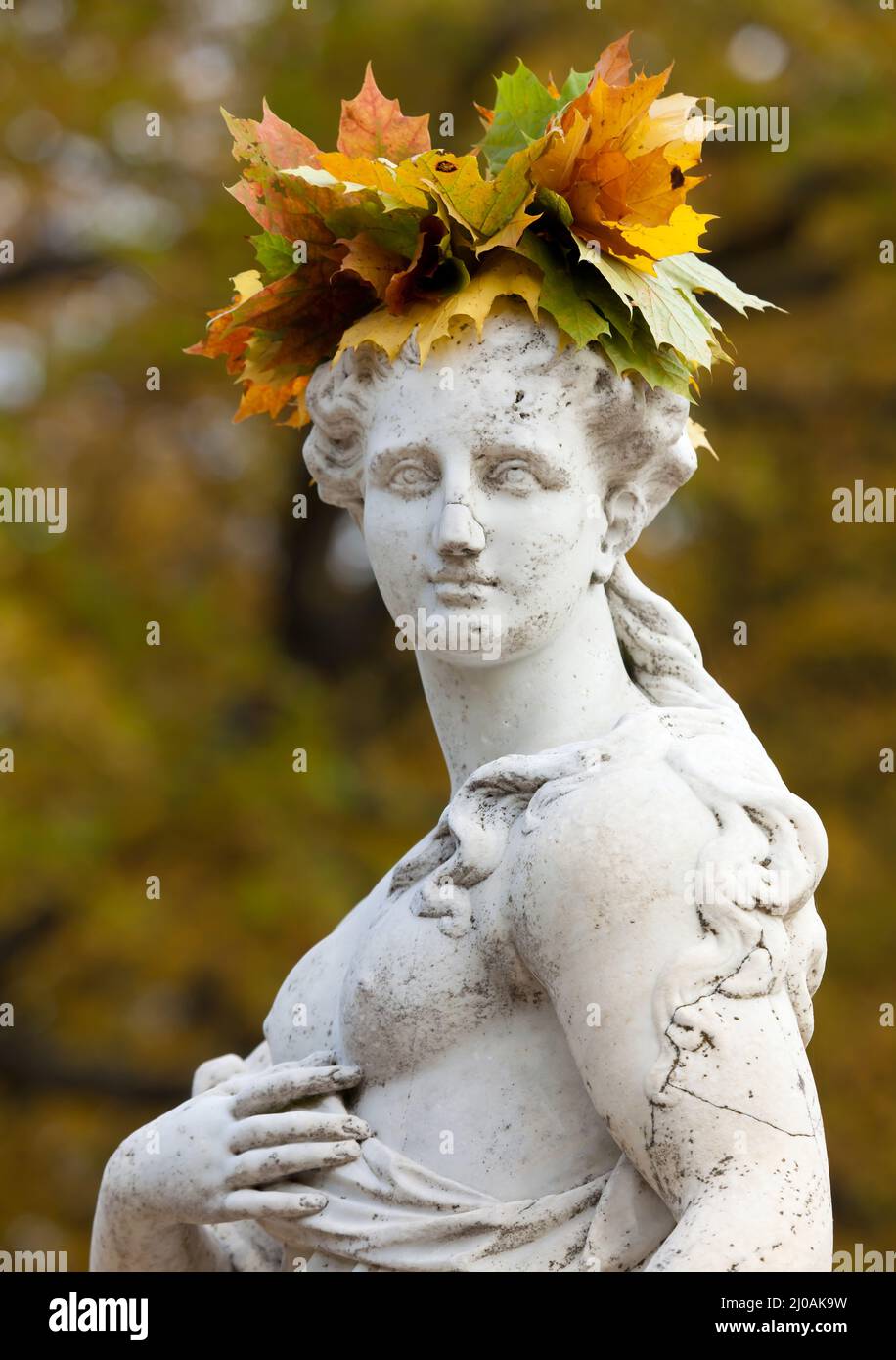 Una corona di giallo autunno lascia sulla sua testa una bella statua di marmo nel parco di Pavlovsk. Russia Foto Stock