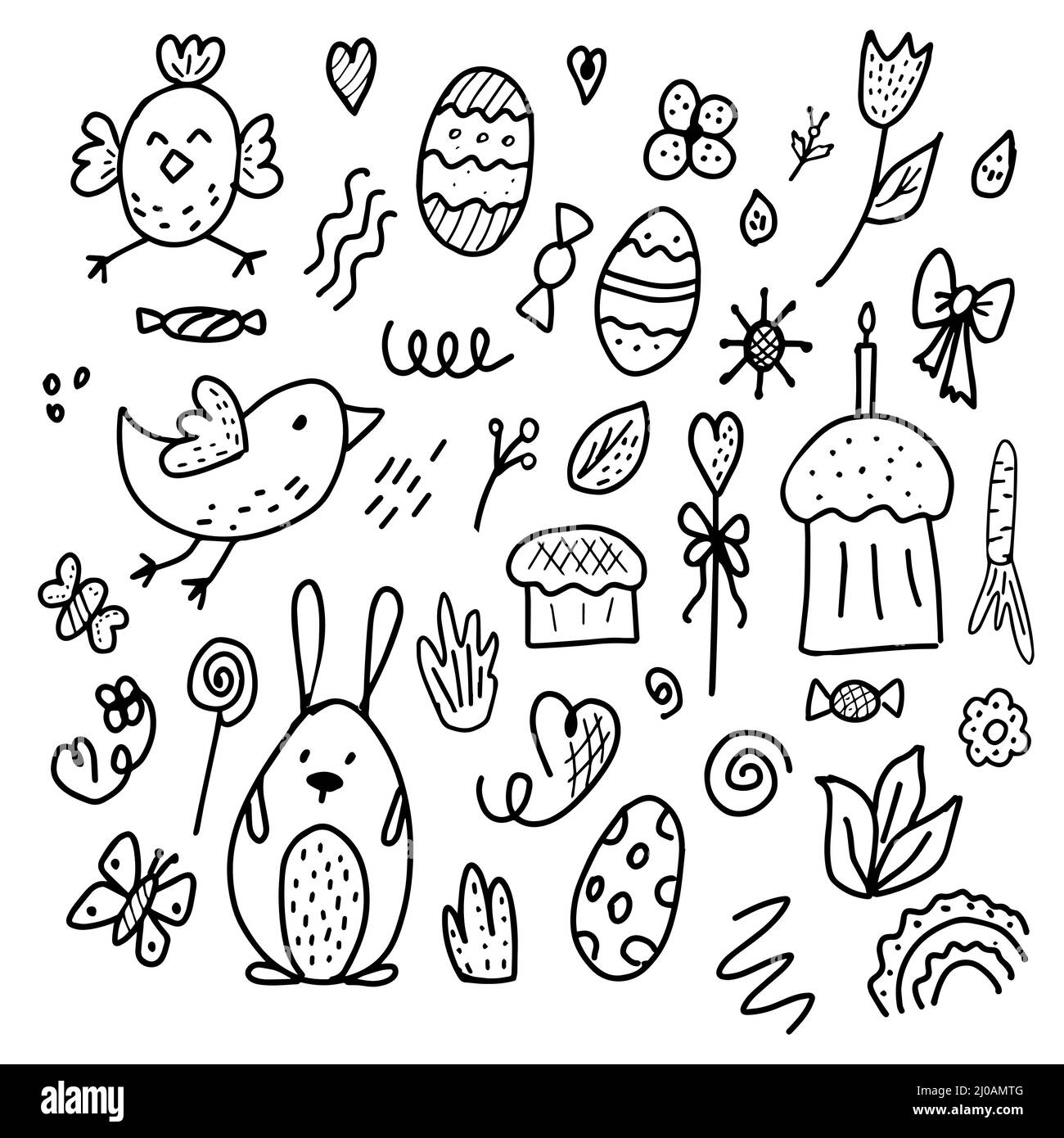 Illustrazione del doodle di Pasqua con elementi isolati. È il momento di celebrare la Pasqua. Per carta da parati, carta o tessuti. Illustrazione Vettoriale