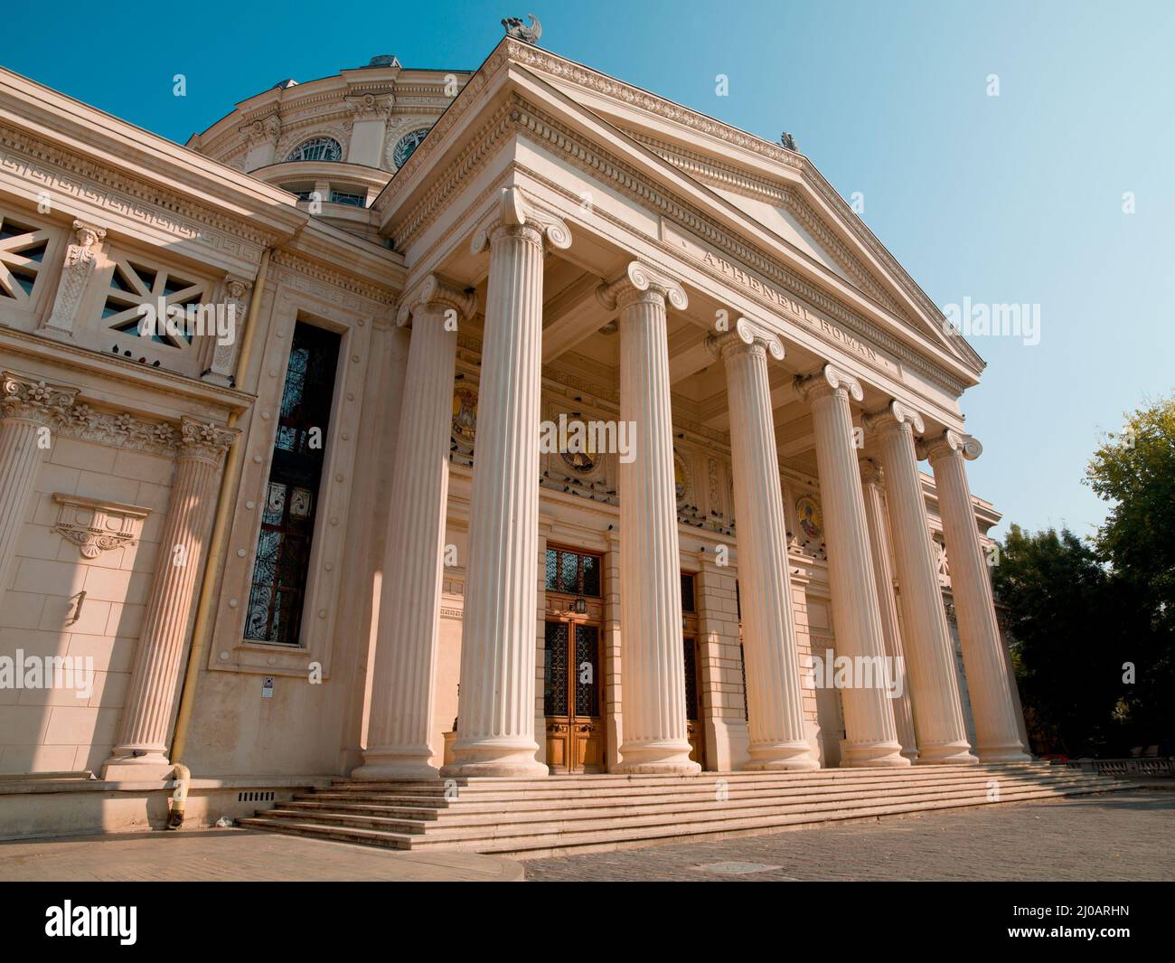 Vista ad angolo basso dell'edificio storico con colonne Foto Stock