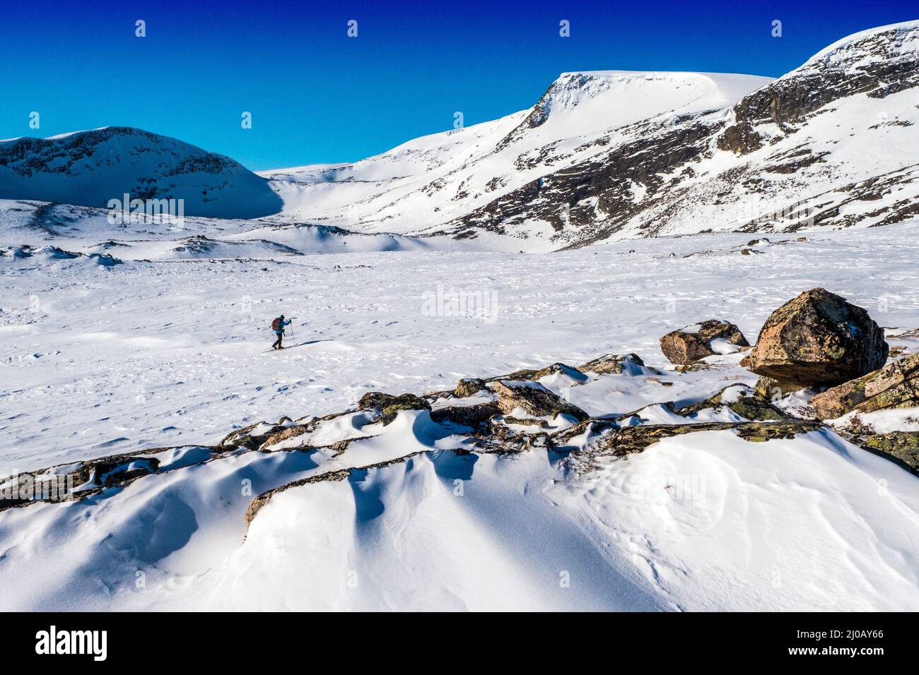 Una sola ski-tourer sci di fondo nella zona di Dovre / Dovrefjell della Norvegia Foto Stock