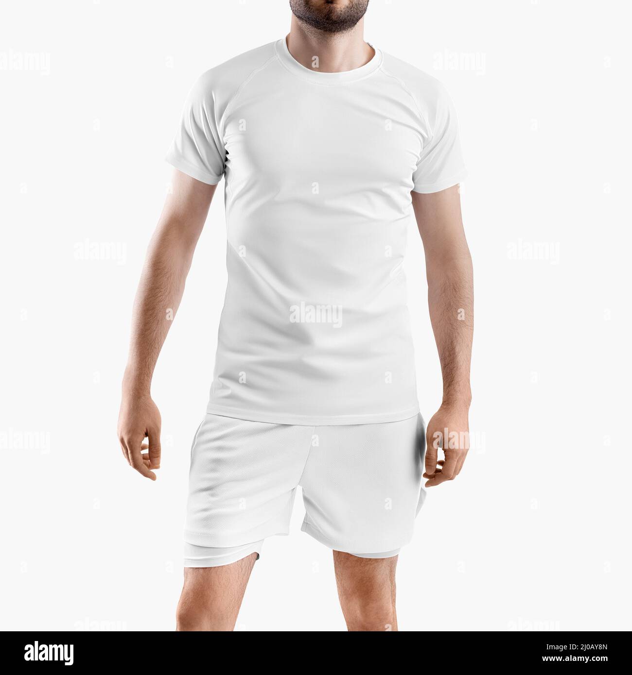 Mockup di pantaloncini bianchi sciolti con fodera a compressione, mutande,  t-shirt su un uomo sportivo con barba, per design, motivo, parte anteriore.  Tuta sportiva t Foto stock - Alamy
