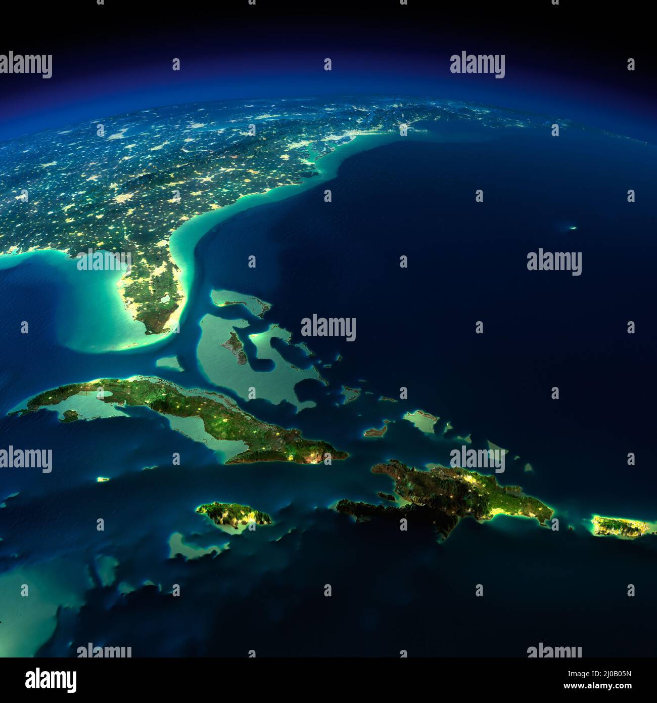 Terra notturna. Zona del triangolo delle Bermuda Foto Stock