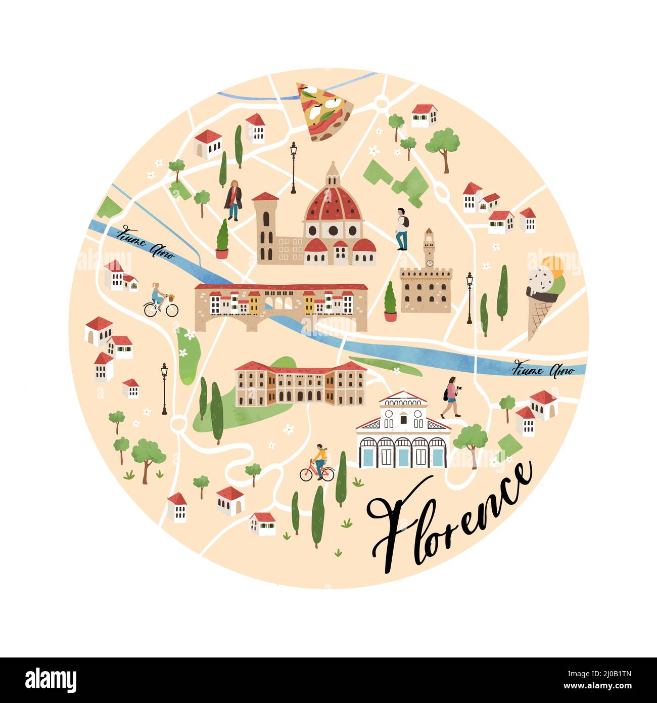 Bella mappa disegnata a mano di Firenze, Italia. Viste illustrate e decorazione carina. Ideale per tessuti, carte, guide turistiche, souvenir - design vettoriale Illustrazione Vettoriale