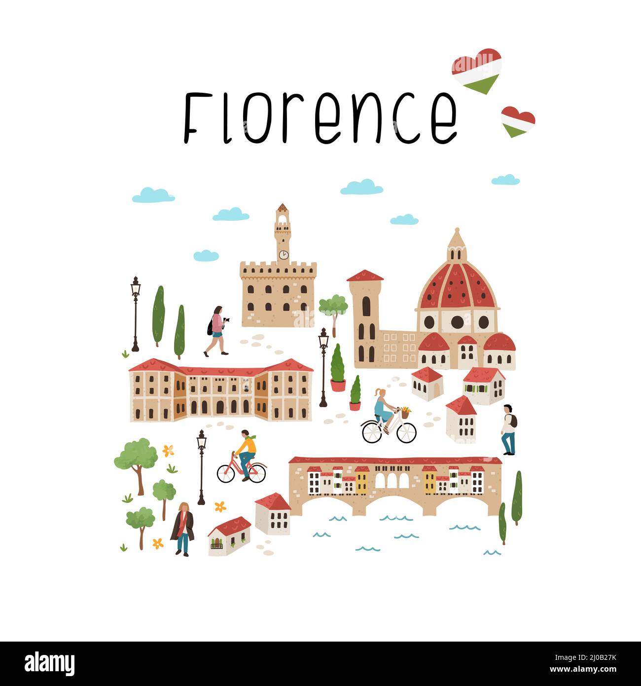 Bella mappa disegnata a mano di Firenze, Italia. Viste illustrate e decorazione carina. Ideale per tessuti, carte, guide turistiche, souvenir - design vettoriale Illustrazione Vettoriale