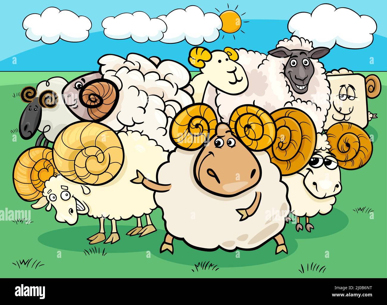 Illustrazione di cartoni animati di arieti o di animali da fattoria di pecora Illustrazione Vettoriale