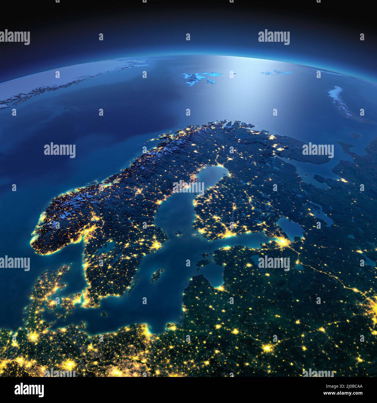 Terra dettagliata. Europa. Scandinavia in una notte al chiaro di luna Foto Stock