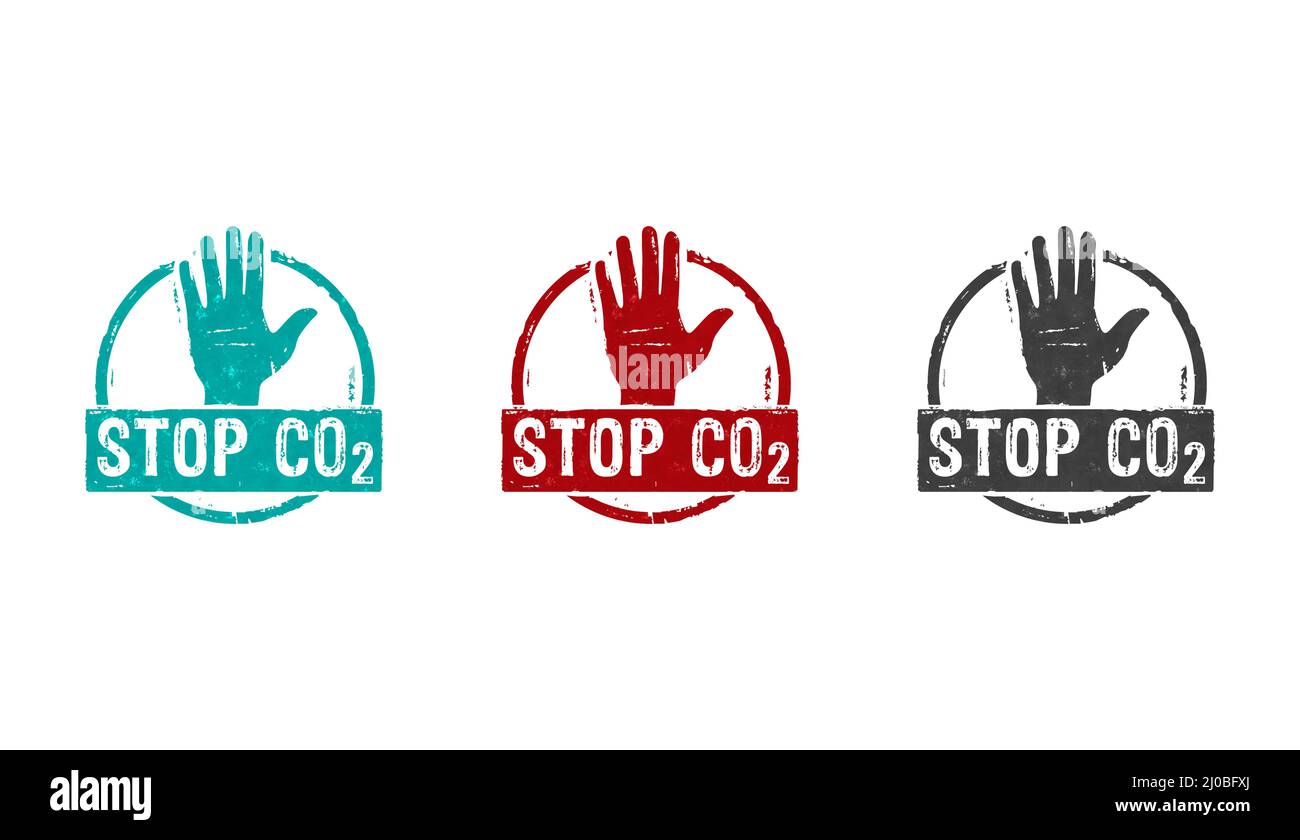 Stop CO2 e icone di timbro a carbone neutro in poche versioni a colori. Illustrazione del rendering Eco, ambiente, emissioni zero e clima Concept 3D. Foto Stock