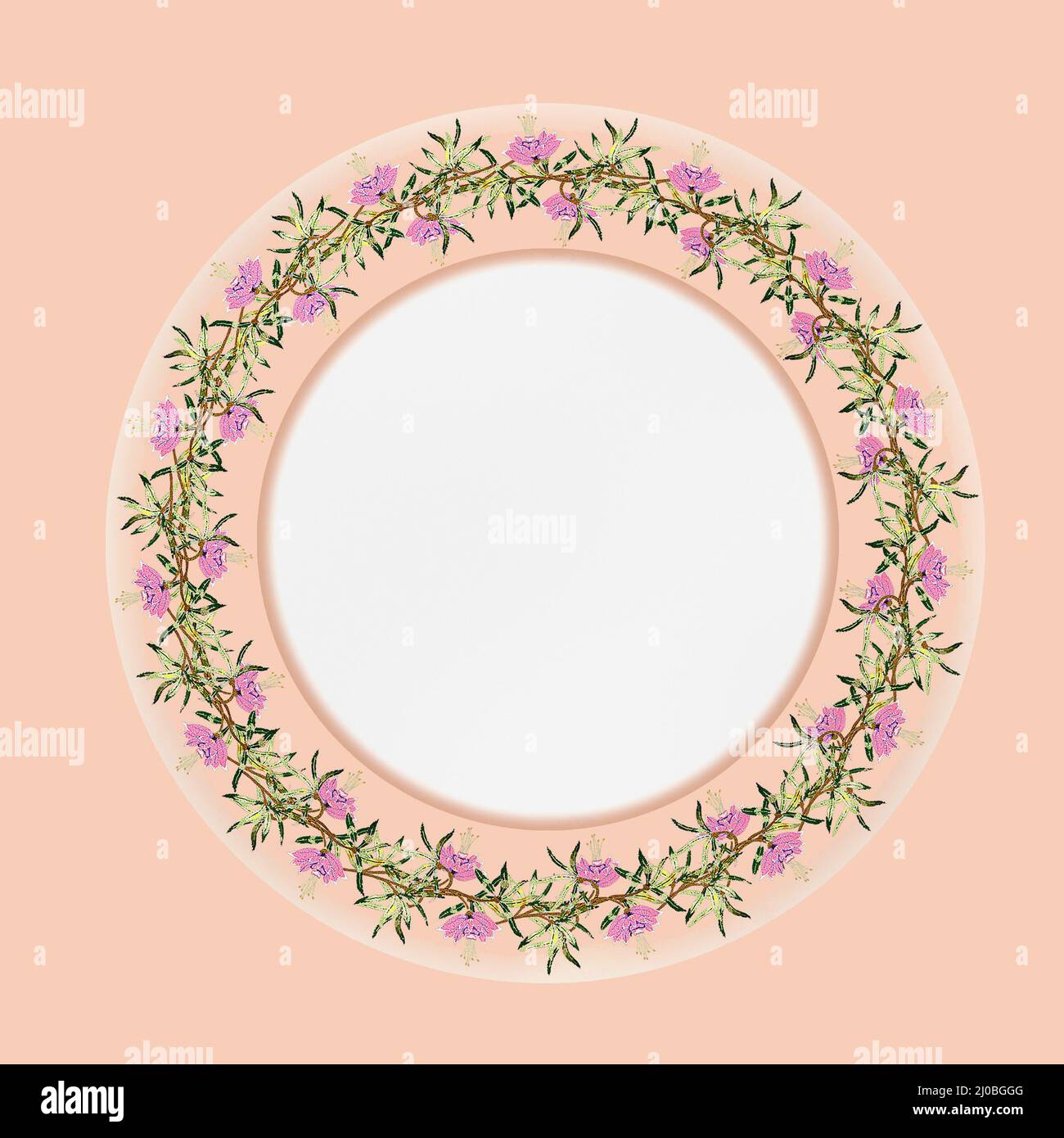 Cornice rotonda con corona di fiori rosa Foto Stock