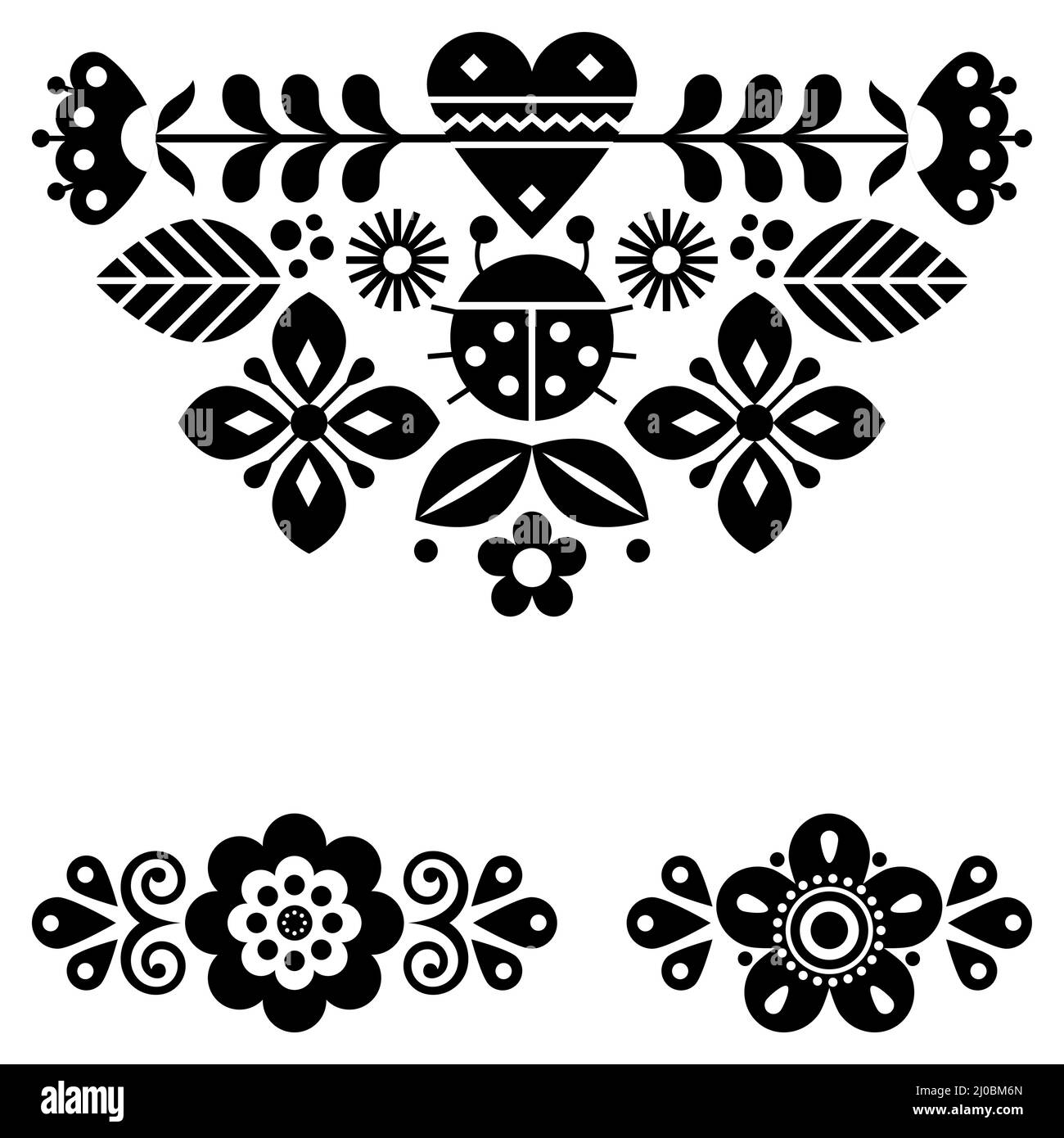 Il motivo di biglietti d'auguri vettoriali popolari scandinavi con ladybird e fiori, elementi di design floreali in primavera bianco e nero ispirati alla tradizionale e Illustrazione Vettoriale