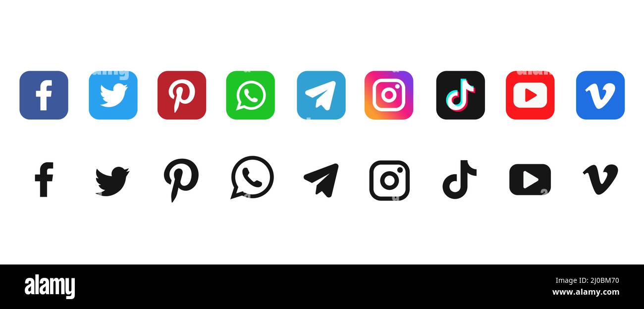 Logo dei social media. Set di logo per i social media. Social media popolari. Illustrazione Vettoriale
