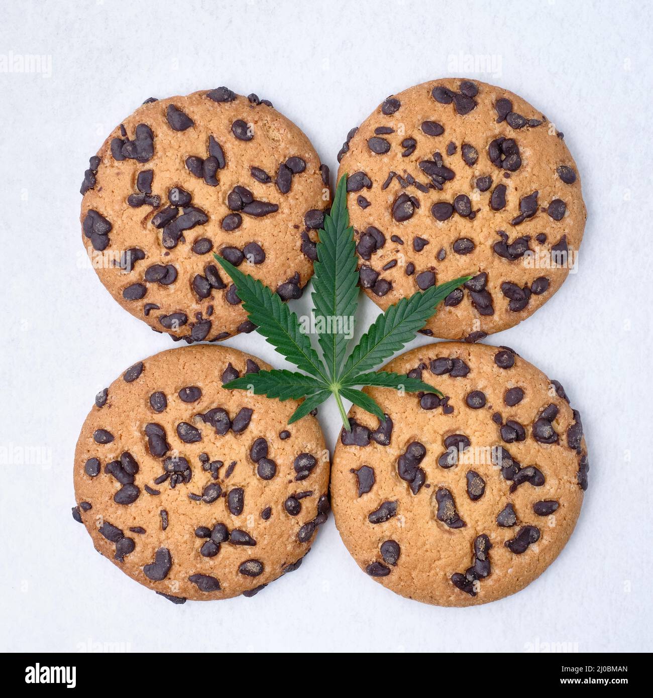 Biscotti al cioccolato con estratto di cannabis in primo piano. Dolci con olio CBD. Foglia di marijuana su sfondo bianco. Vista dall'alto, piatto. Foto Stock