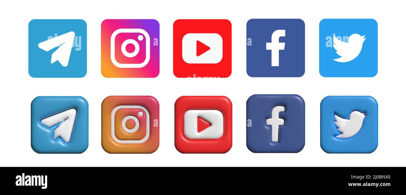 Set di logo per i social media. Icone dei social media 3D. 3D vettore. Logo telegramma. Logo YouTube. Illustrazione Vettoriale